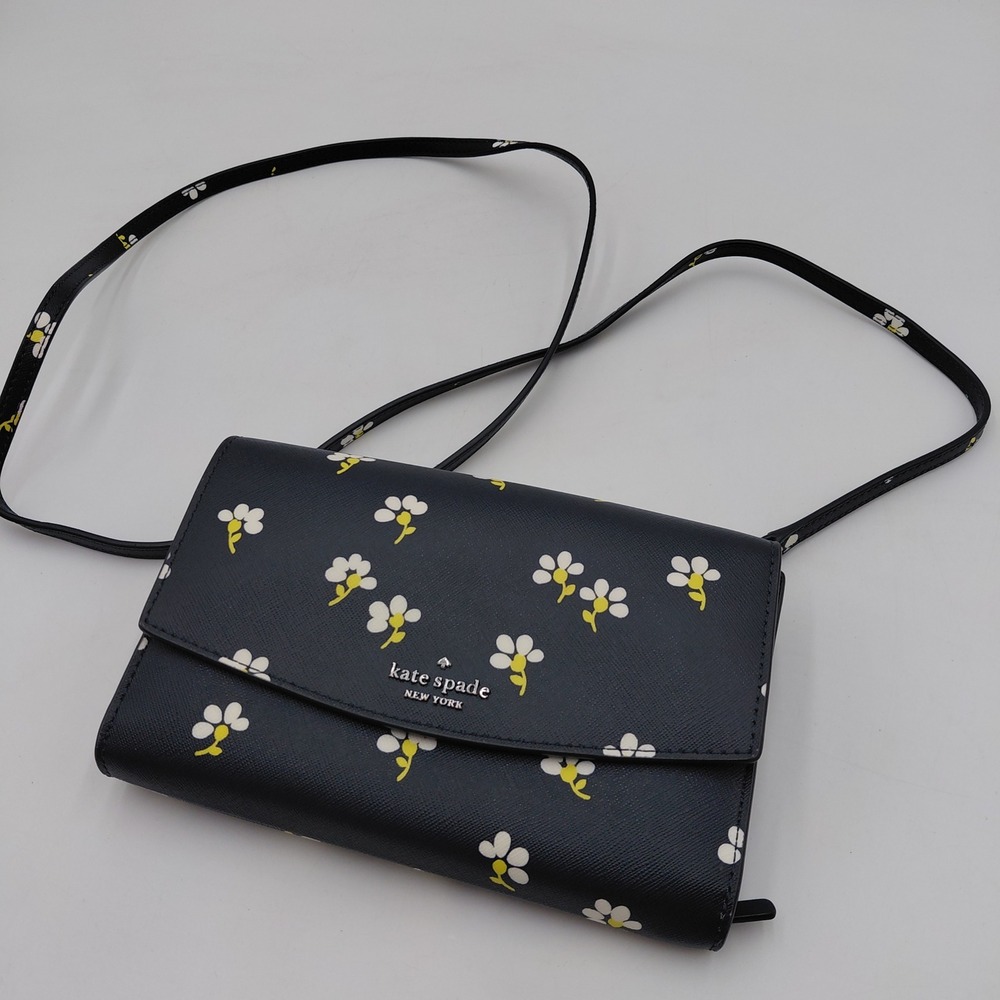 Kate Spade Laurel Way Winni Saffiano Leather Daisy Crossbody Clutch Navy Blue